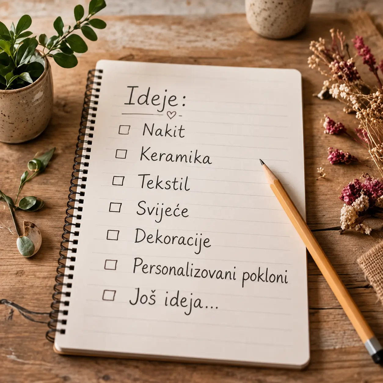 Bilježnica s idejama za izradu handmade proizvoda poput nakita, keramike, tekstila, svijeća i dekoracija